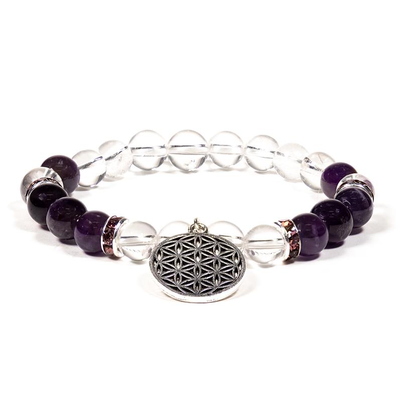 Amethyst-Bergkristall Armband mit Blume des Lebens