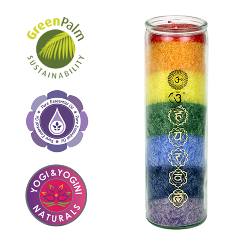 Chakra-Duftkerze mit Symbolen im Glas