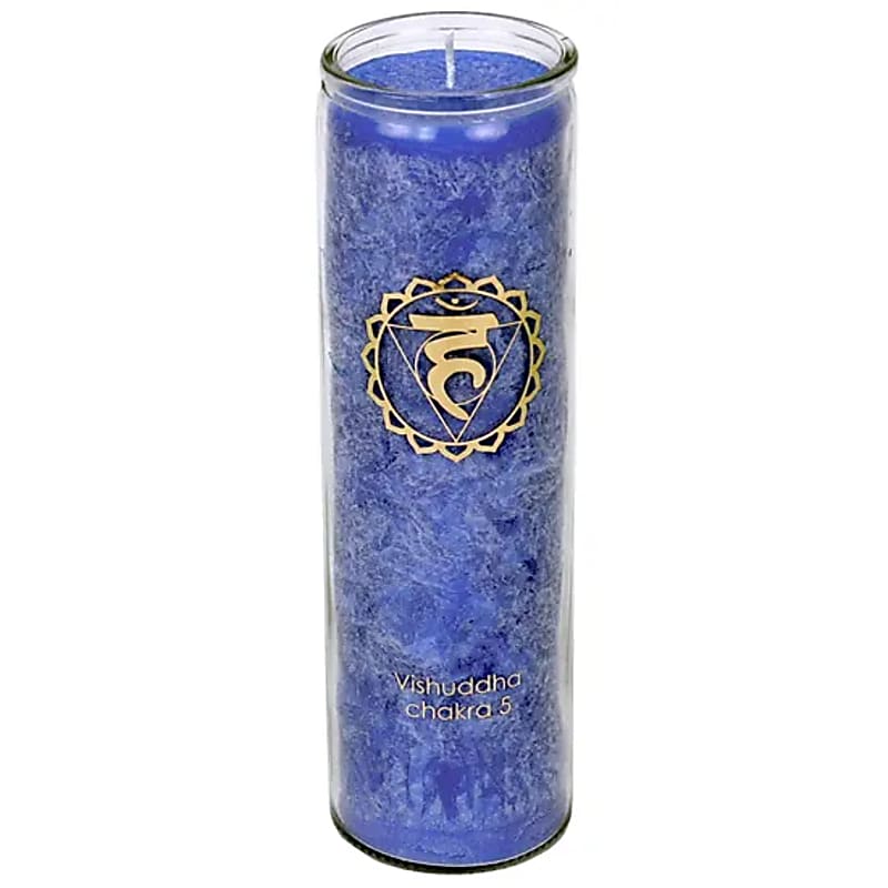 Kehlchakra-Duftkerze mit Symbol im Glas