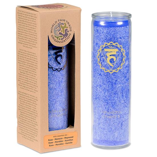 Kehlchakra-Duftkerze mit Symbol im Glas