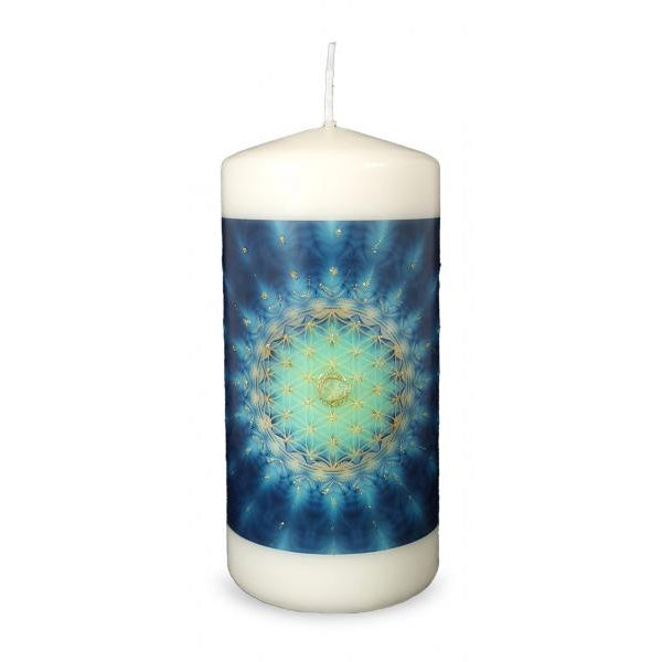 Blume des Lebens Energiekerze blau-grün