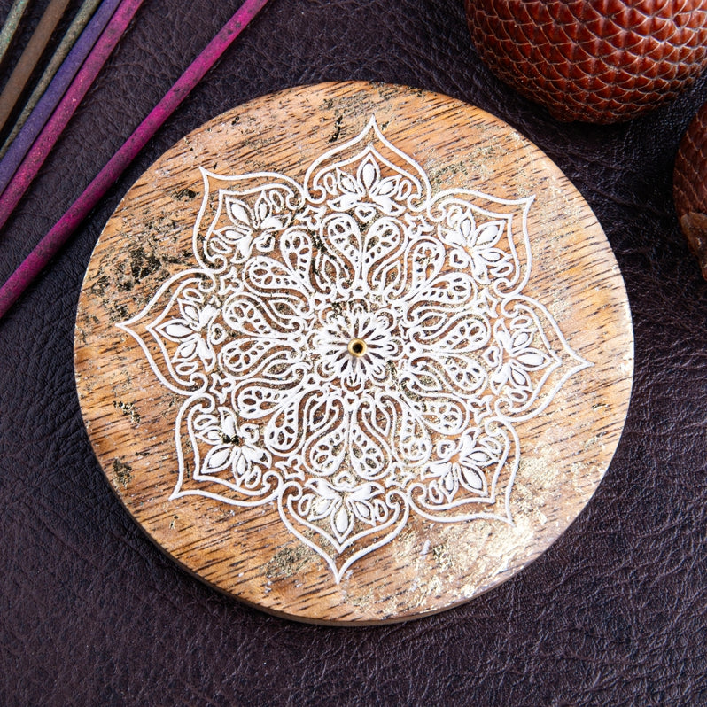 Mandala Räucherstäbchenhalter aus Mangoholz