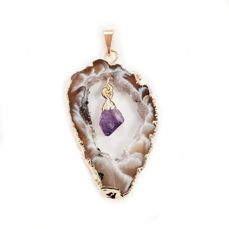 Anhänger Achatdrusenscheibe mit Amethystkristall