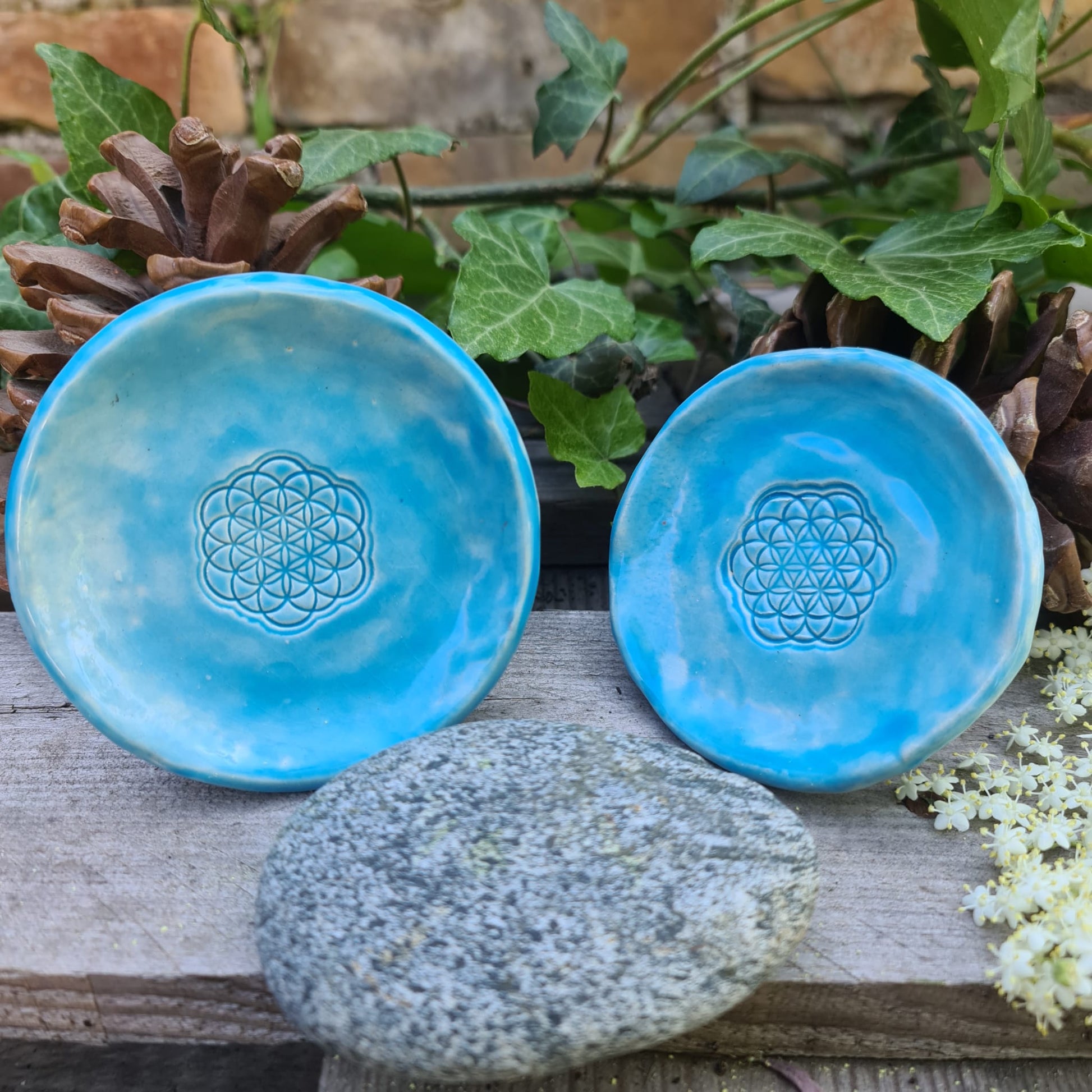 Kerzenteller "Aquamarin" mit Blume des Lebens