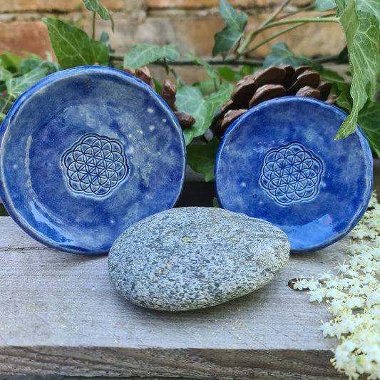 Kerzenteller "Jeansblau" mit Blume des Lebens