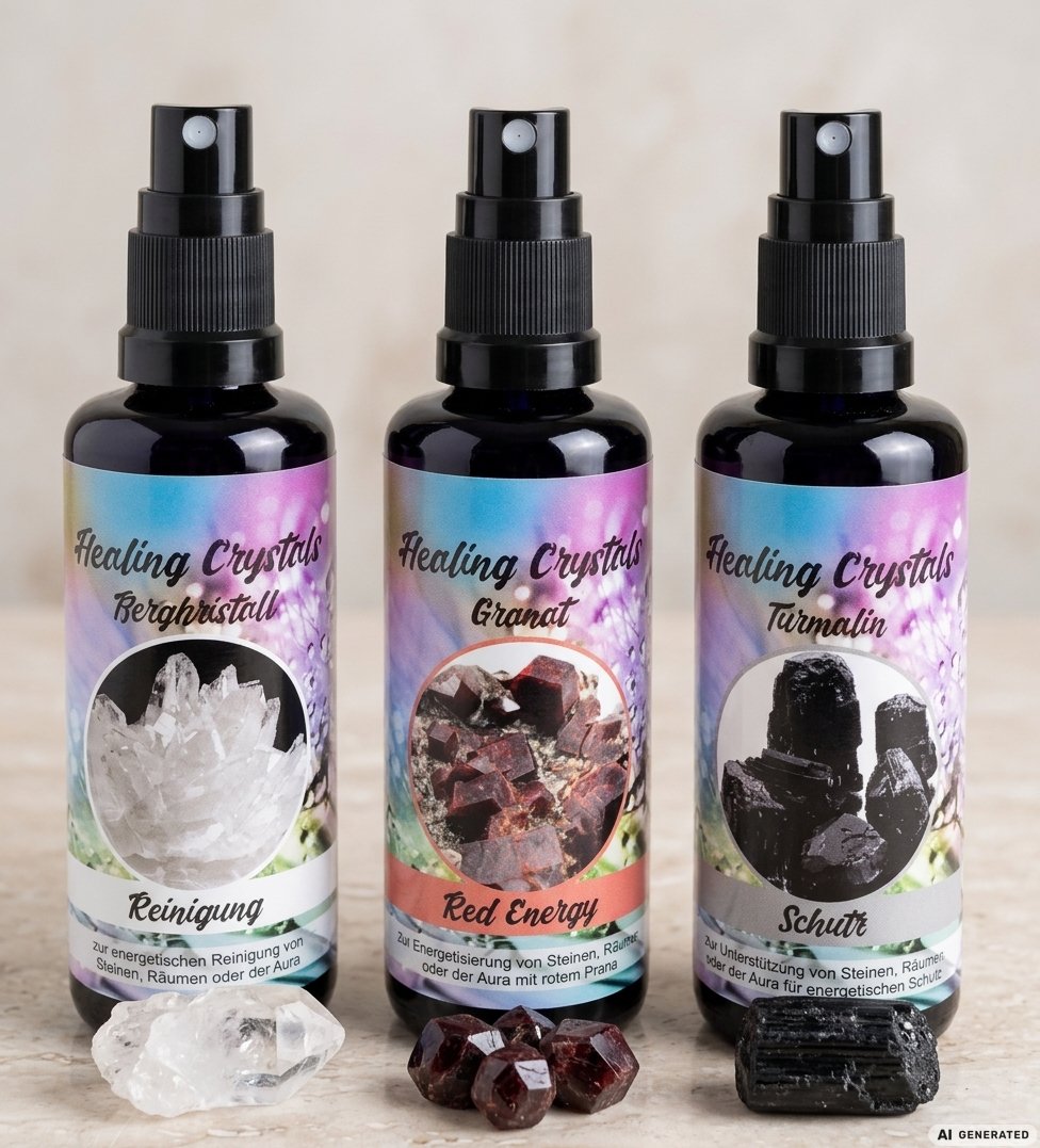 Die drei Healing Crystals Aura-Sprays Reinigung, Red Energy und Schutz mit Bergkristall, Granat und Turmalin