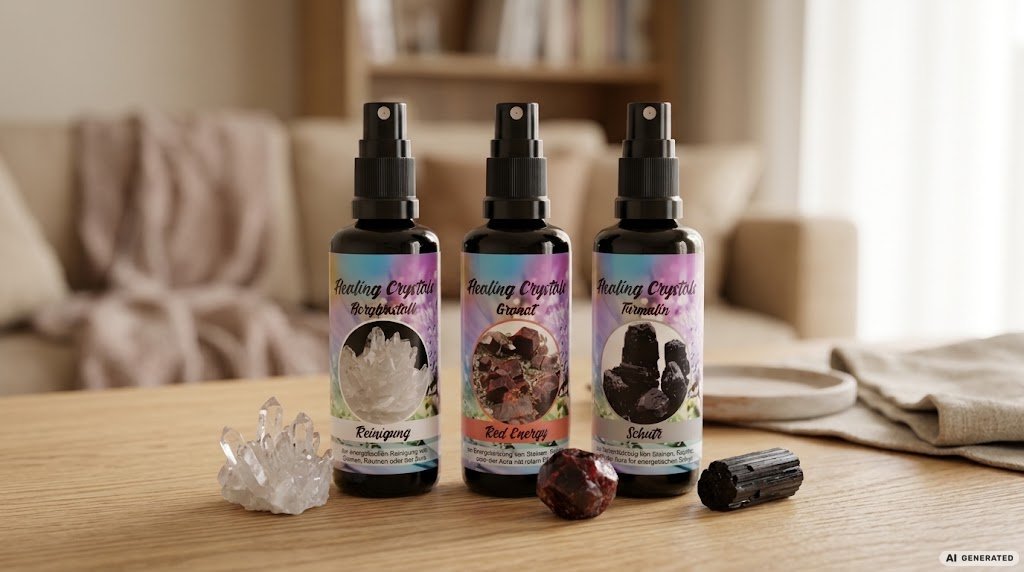Die drei Healing Crystals Aura-Sprays Bergkristall, Granat und Turmalin mit passenden Edelsteinen auf einem Holztisch